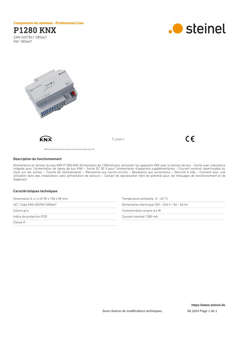 Page 1 de la notice Fiche technique Steinel P1280 KNX