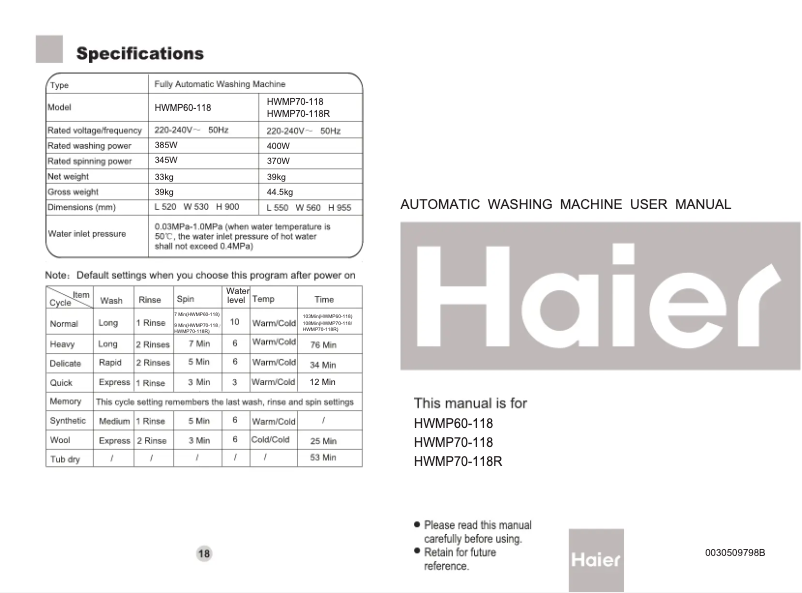 Page n°1 - Manuel utilisateur Haier HWMP70-118R
