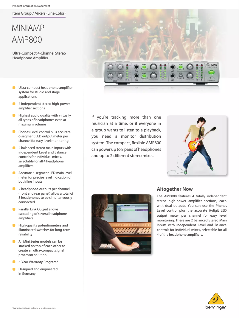 Page 1 de la notice Fiche technique Behringer MINIAMP AMP800