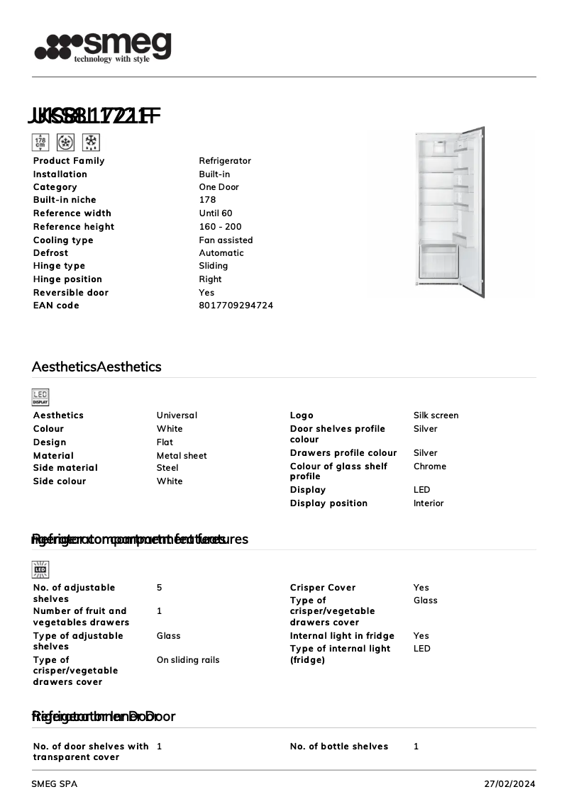 Page 1 de la notice Fiche technique Smeg UKS8L1721F