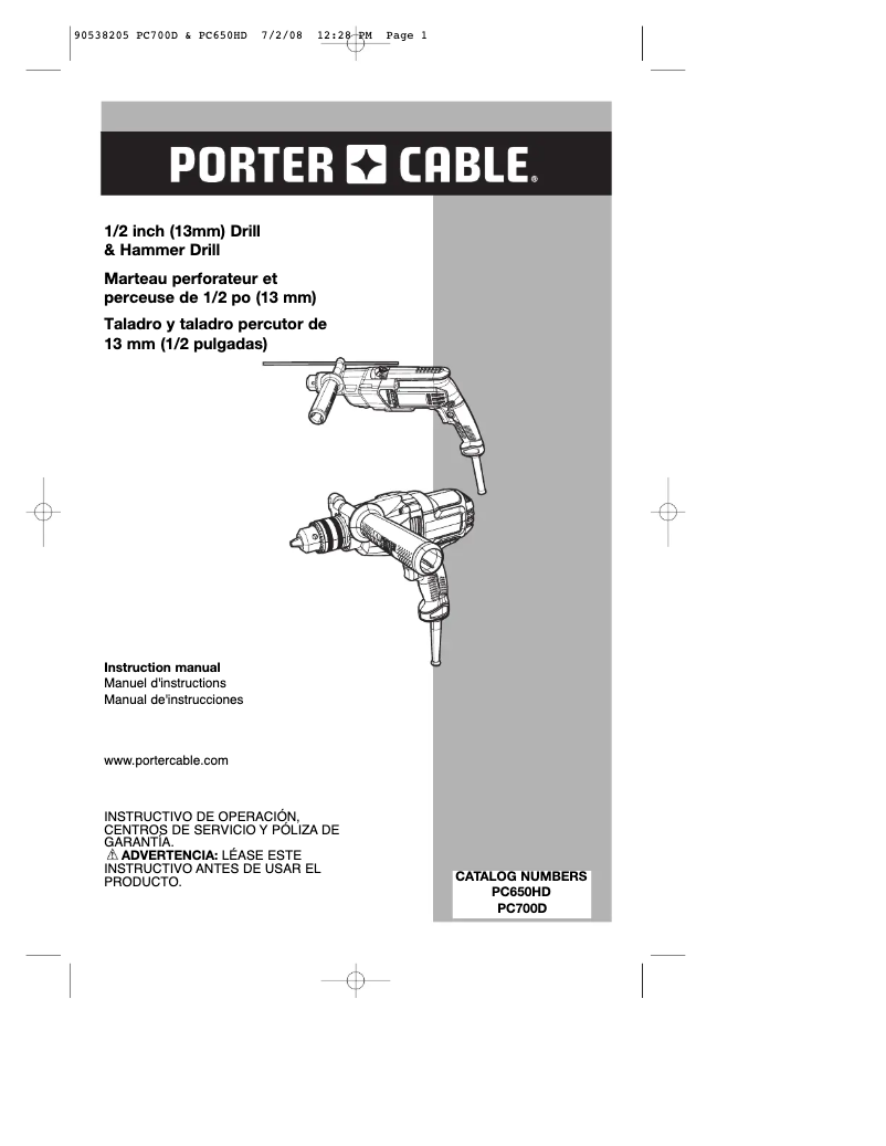 Page 1 de la notice Manuel utilisateur Porter-Cable PC700D