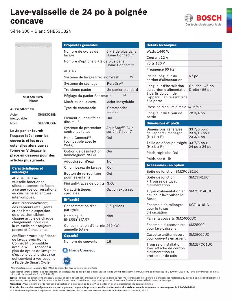 Page 1 of the manual Technical Sheet Bosch SHE53C82N