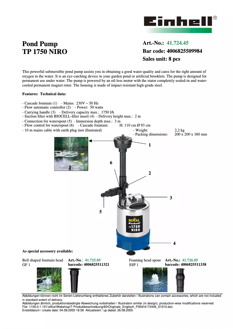 Page 1 de la notice Fiche technique Einhell TP 1750 Niro