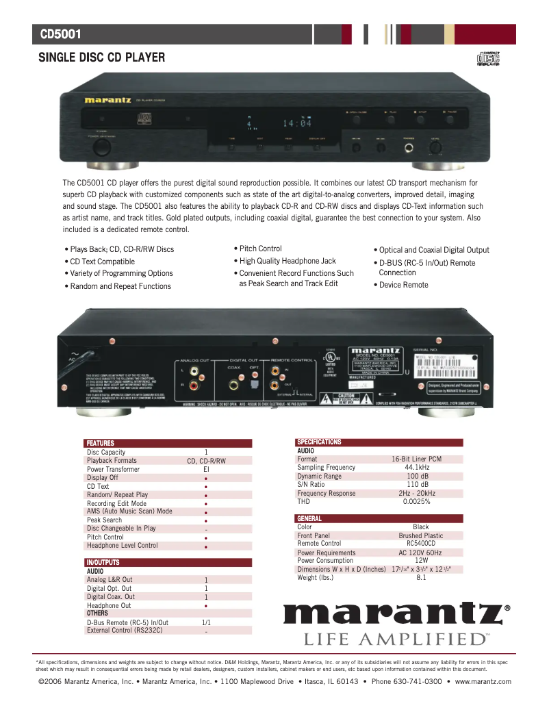Page n°1 - Fiche technique Marantz CD5001