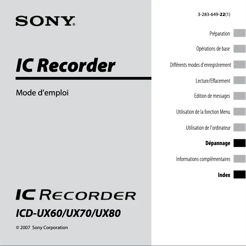 Image de la première page du manuel de l'appareil ICD-UX80