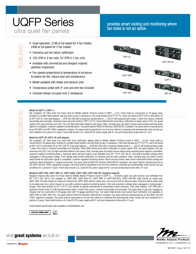 Page 1 de la notice Manuel utilisateur Middle Atlantic IUQFP-4RA