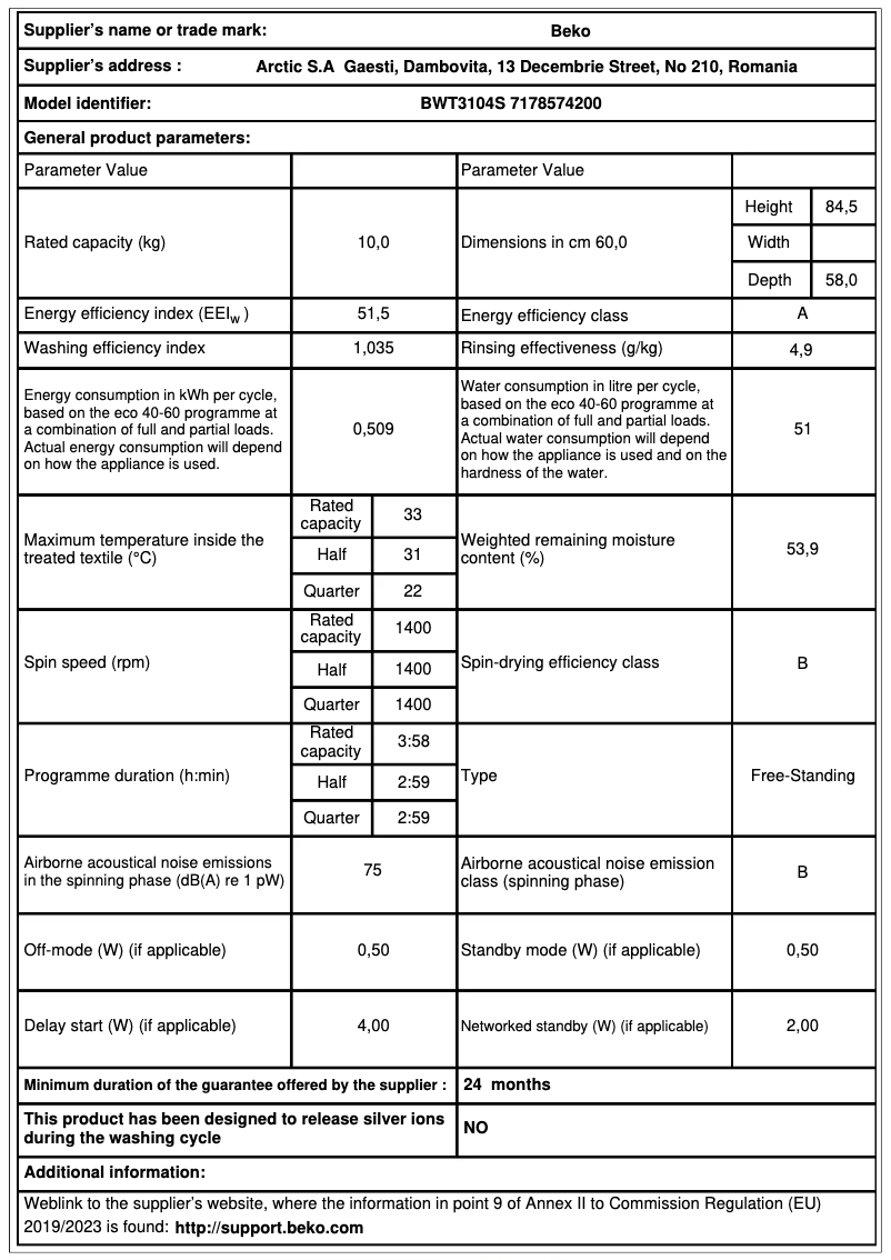Page 1 de la notice Fiche technique Beko BWT3104S