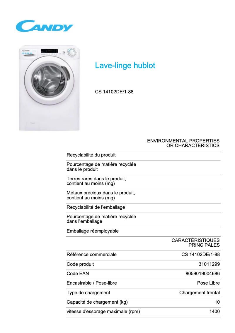 Page 1 de la notice Fiche technique Candy Smart CS 14102DE/1-88