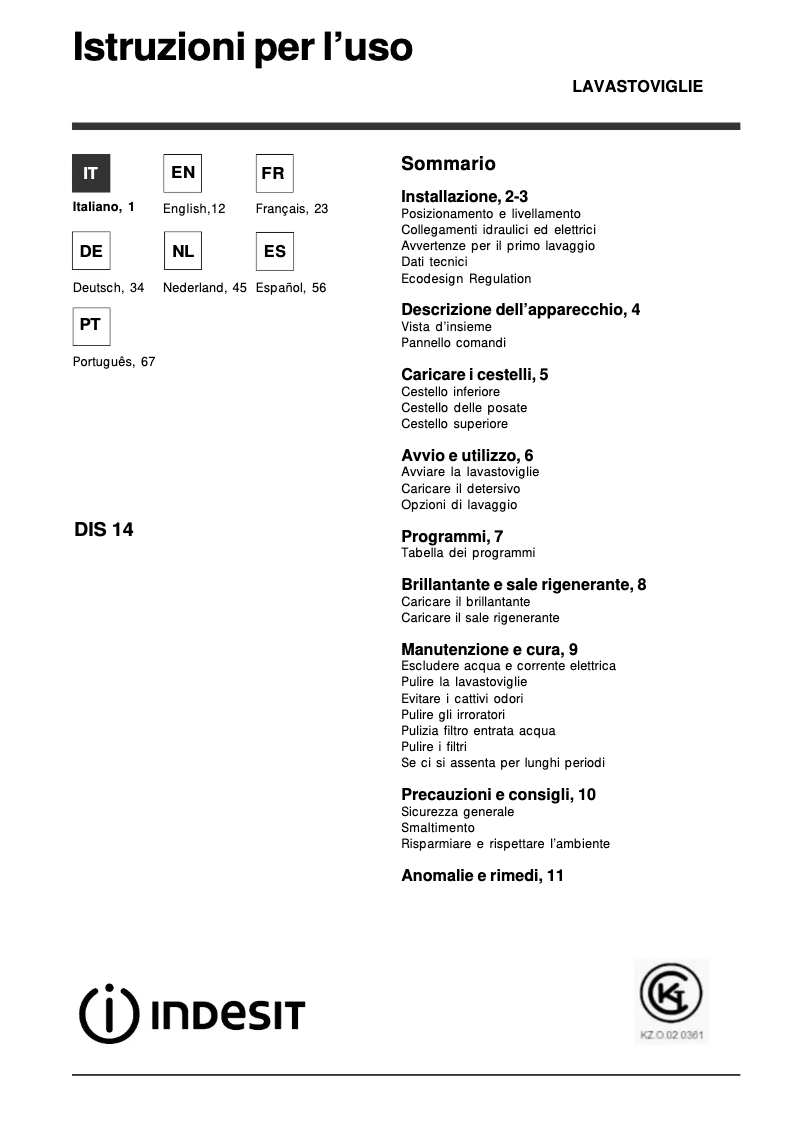 Page n°1 - Manuel utilisateur Indesit DIS 14