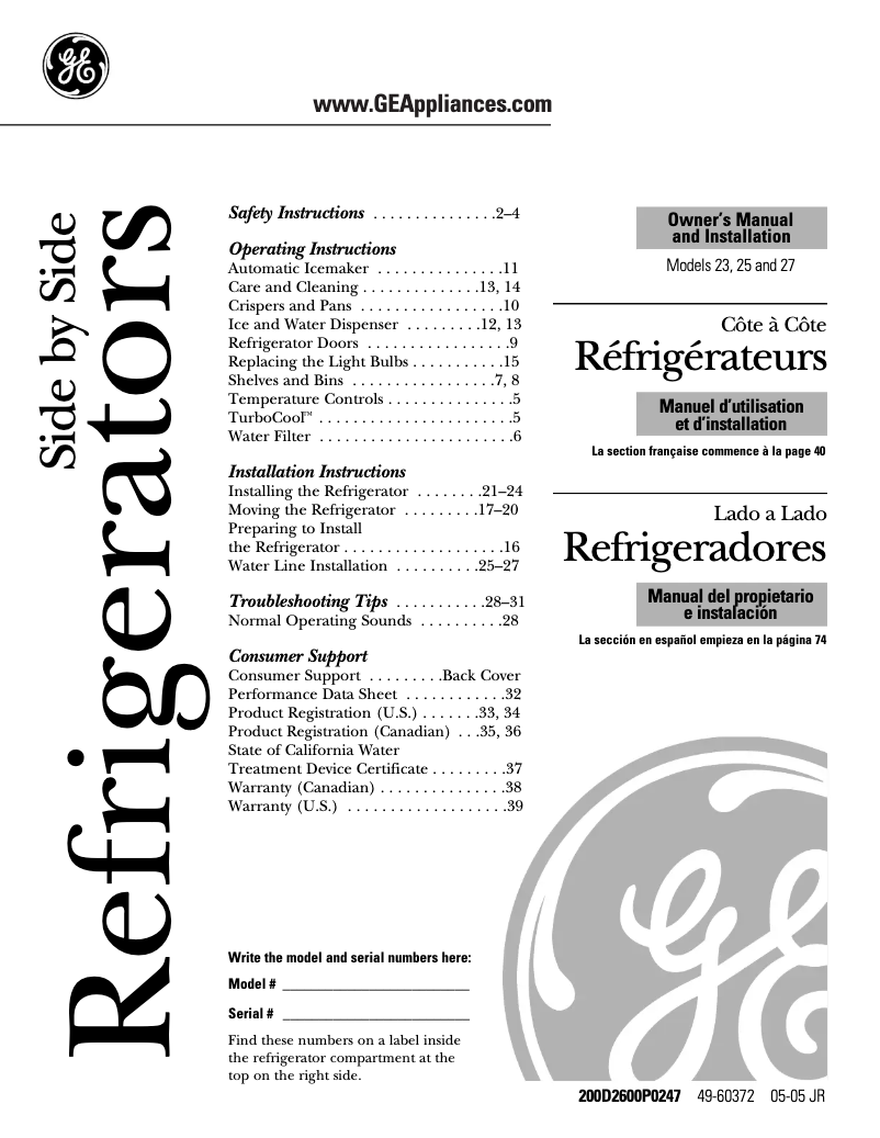 Page 1 de la notice Guide d'installation GE GSS25LSPBS