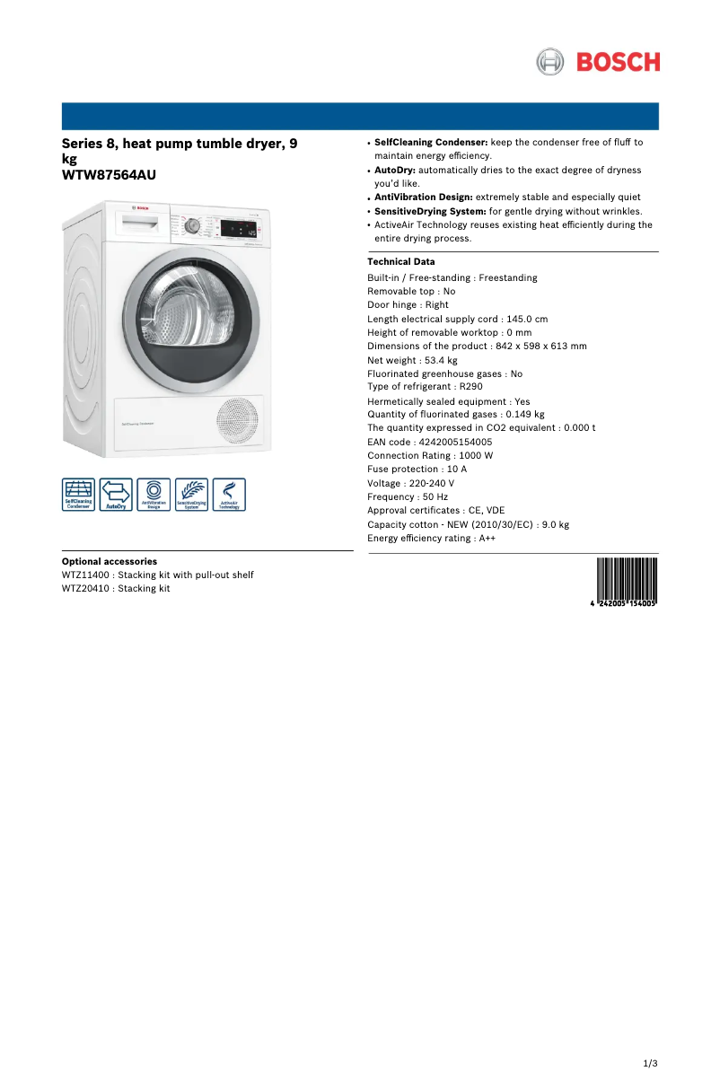 Page n°1 - Fiche technique Bosch WTW87564AU