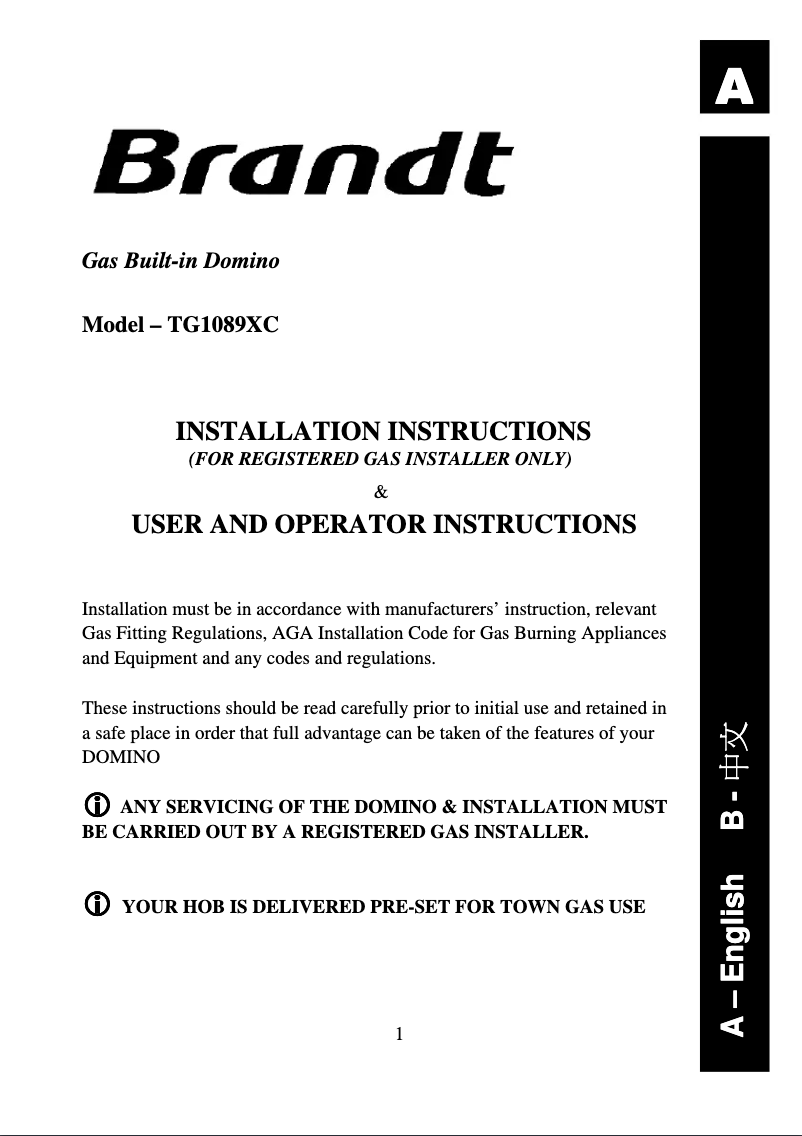 Page n°1 - Manuel utilisateur Brandt TG1089XC