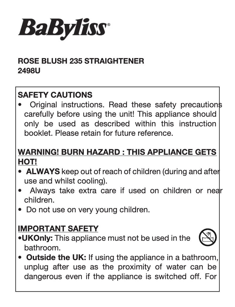 Page 1 de la notice Manuel utilisateur BaByliss Rose Blush 235 2498U