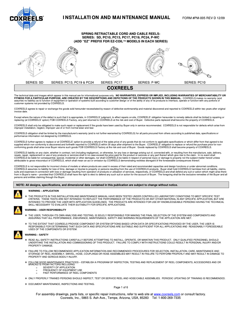 Page 1 de la notice Manuel utilisateur Coxreels PC10L-3016
