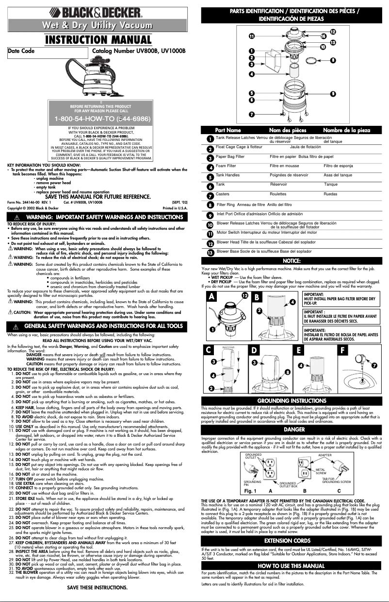 Page n°1 - Manuel utilisateur Black & Decker UV1000B