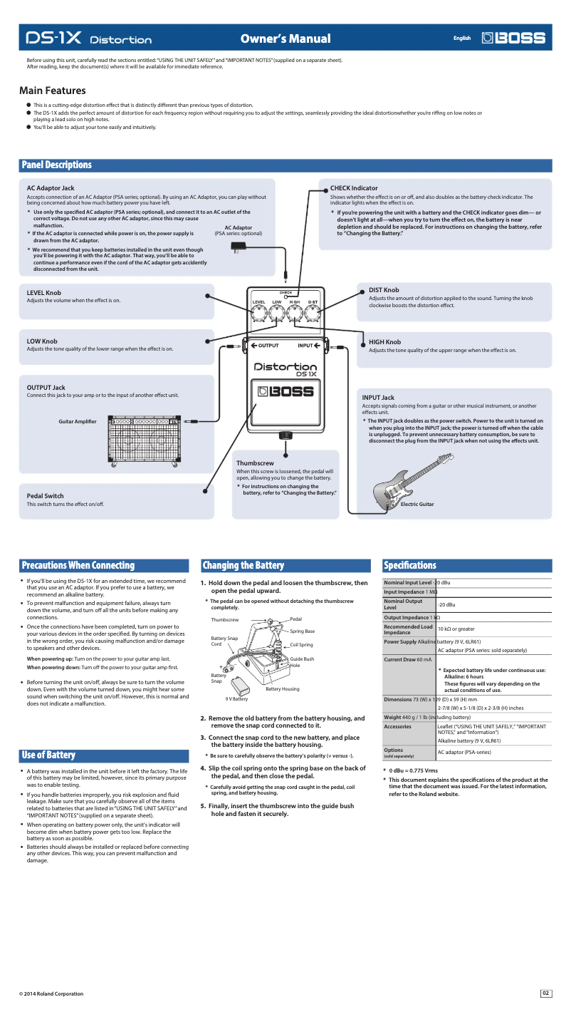 Imagen de la primera página del manual del dispositivo Distortion DS-1X
