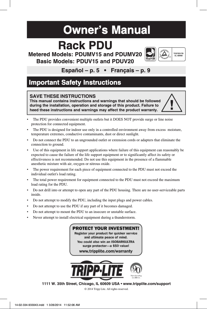 Page 1 de la notice Manuel utilisateur Tripp Lite PDUMV20