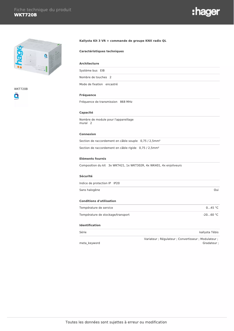 Page n°1 - Fiche technique Hager WKT720B