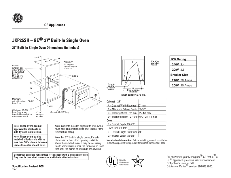 Page 1 de la notice Fiche technique GE JKP25SHSS