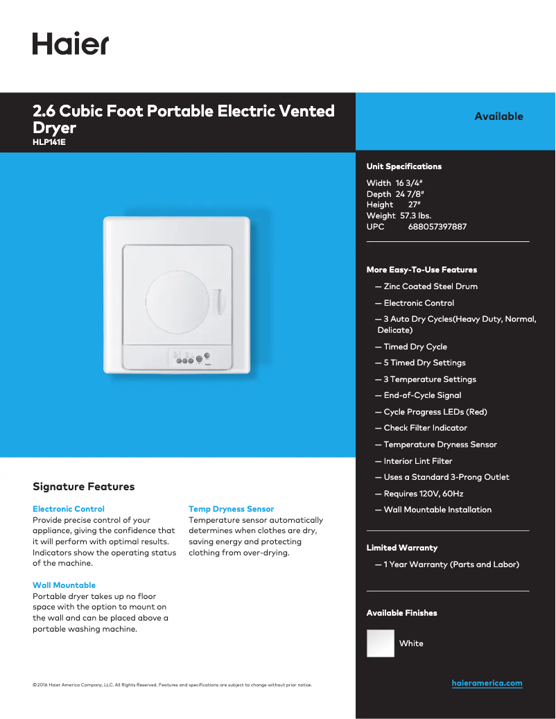 Page 1 de la notice Fiche technique Haier HLP141E