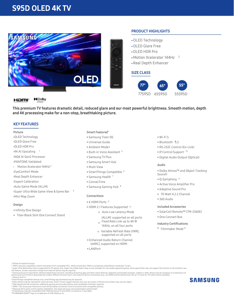 Page 1 de la notice Fiche technique Samsung QN65S95DAF