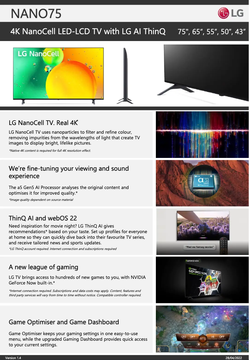 Page 1 de la notice Fiche technique LG 50NANO75SQA