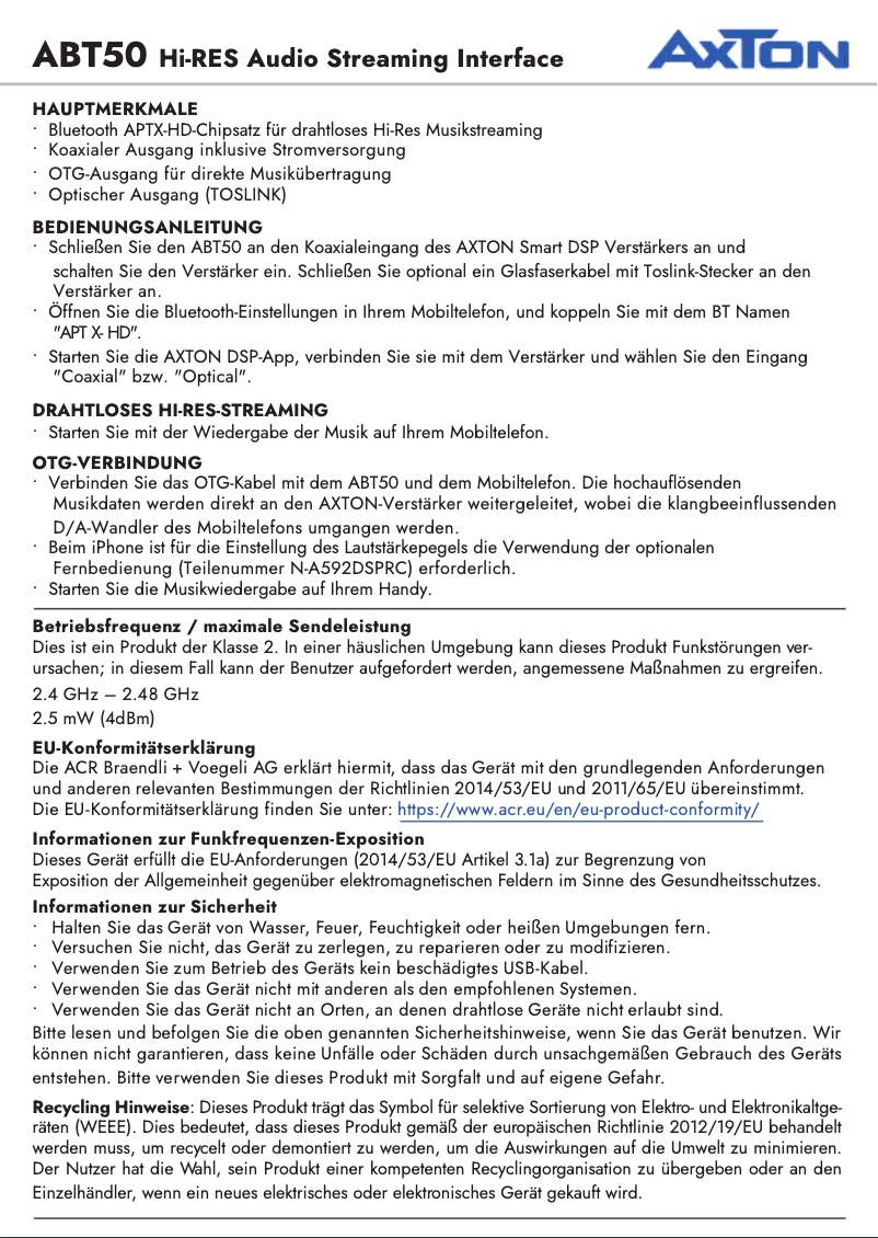 Page 1 de la notice Manuel utilisateur Axton ABT50