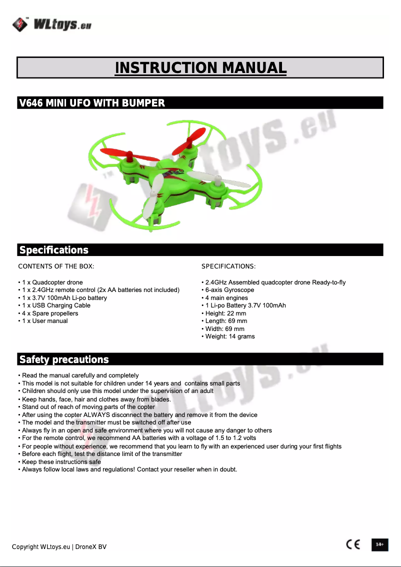 Page 1 de la notice Manuel utilisateur WLtoys V646 - Mini Ufo