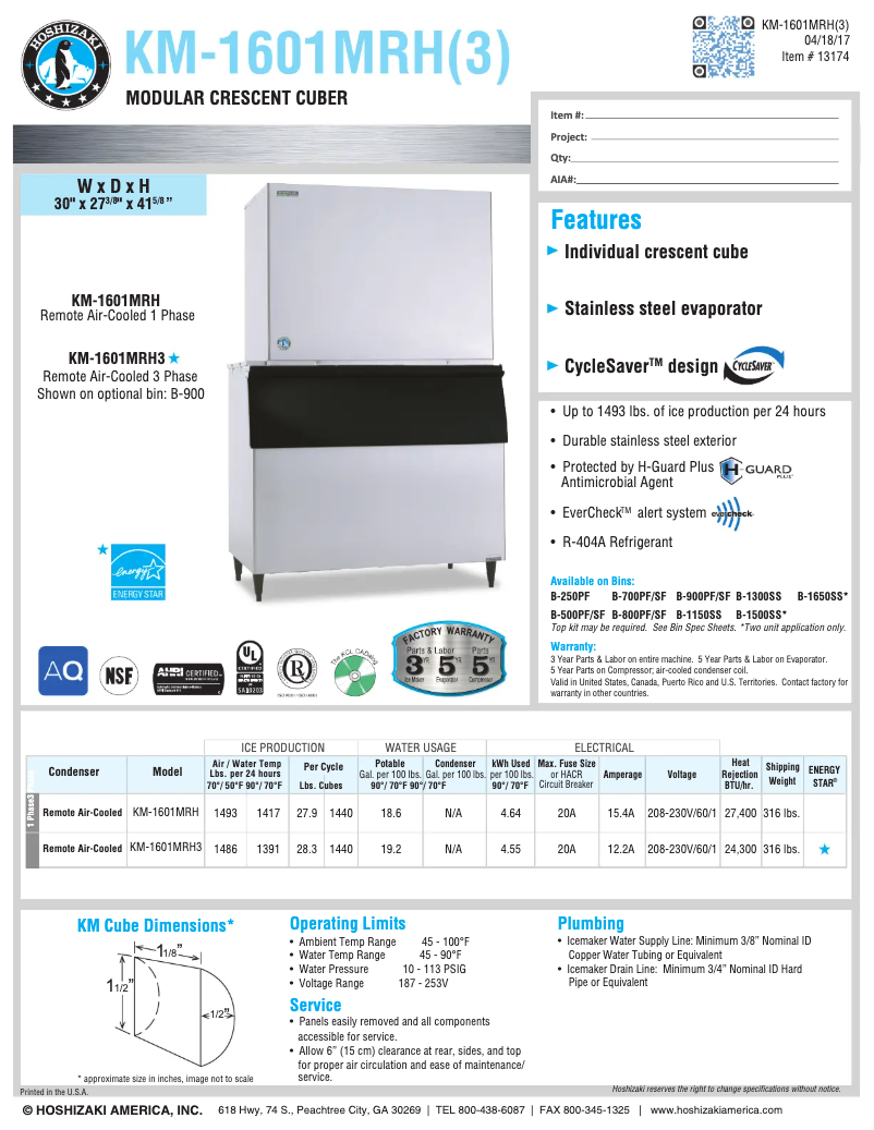 Page n°1 - Fiche technique Hoshizaki KM-1601MRH3