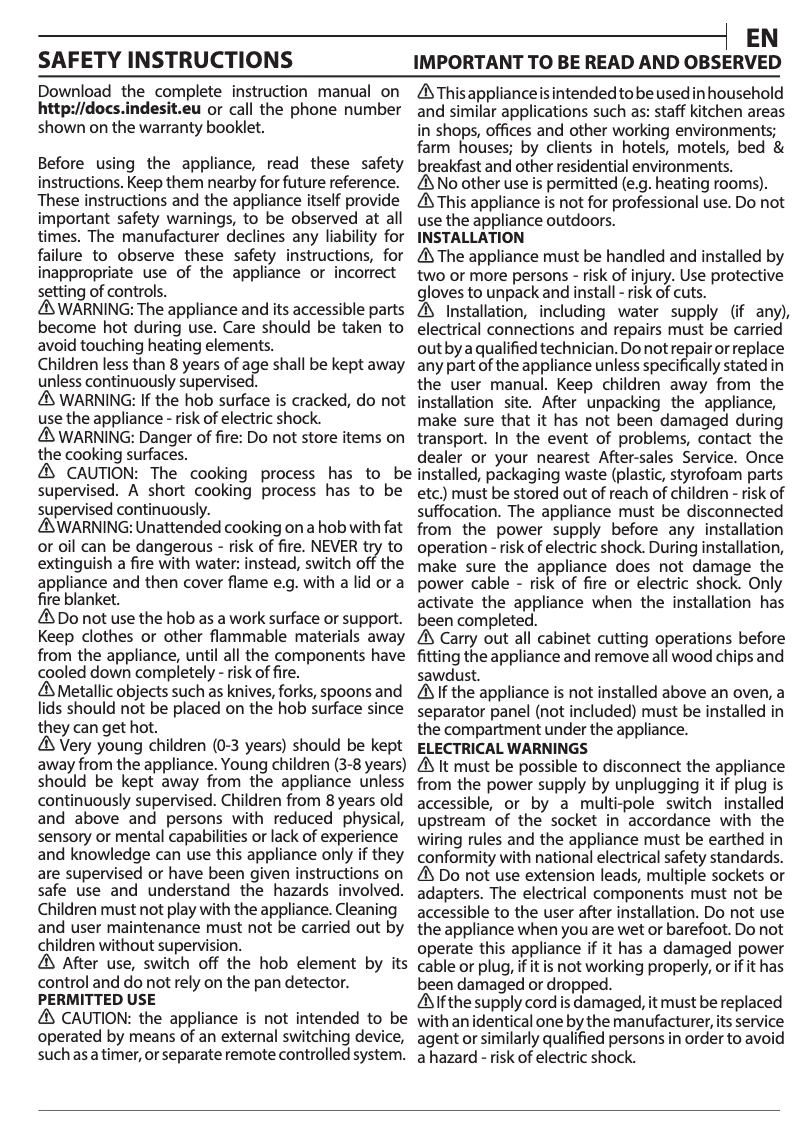 Page 1 de la notice Mode d'emploi Indesit IB 88B60 NE