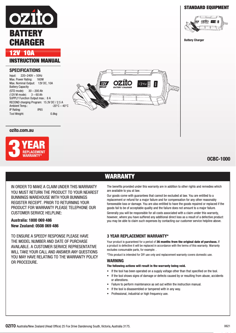 Page 1 de la notice Manuel utilisateur Ozito OCBC-1000