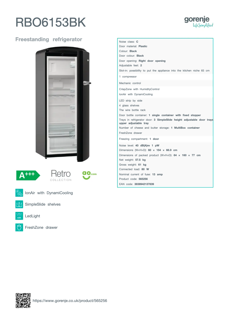 Page n°1 - Fiche technique Gorenje RBO6153BK
