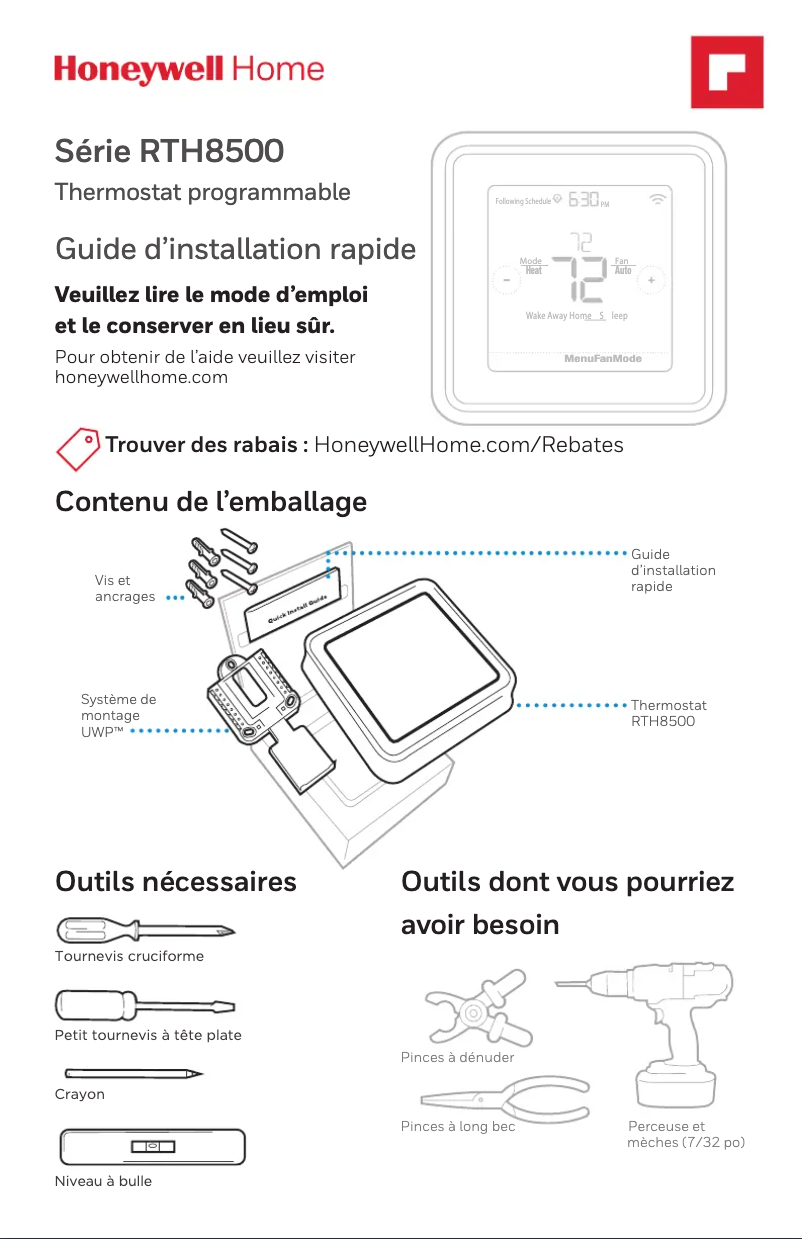 Page 1 de la notice Guide d'installation Honeywell YRTH8560D1009/U