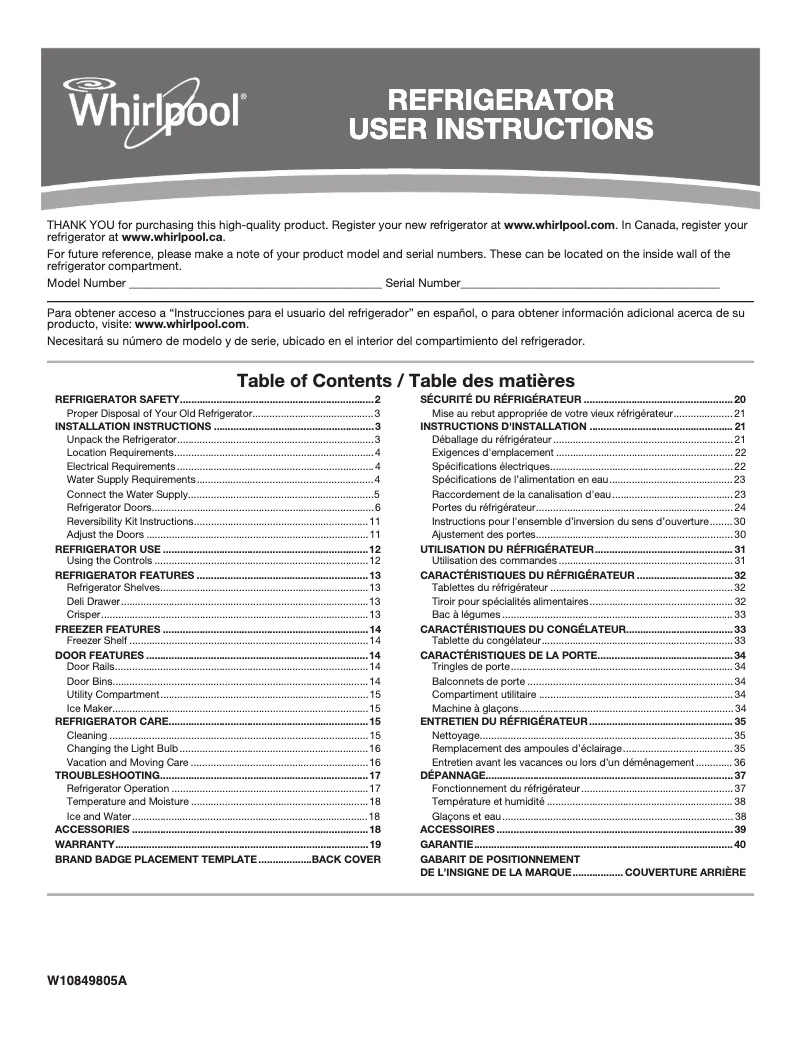 Page 1 de la notice Mode d'emploi Whirlpool WRT519SZDG