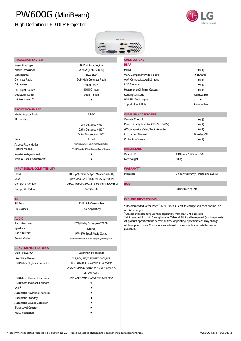 Página 1 del manual Ficha técnica LG PW600G