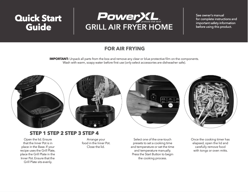 Page n°1 - Guide de démarrage rapide PowerXL Grill Air Fryer Home AFG-5A