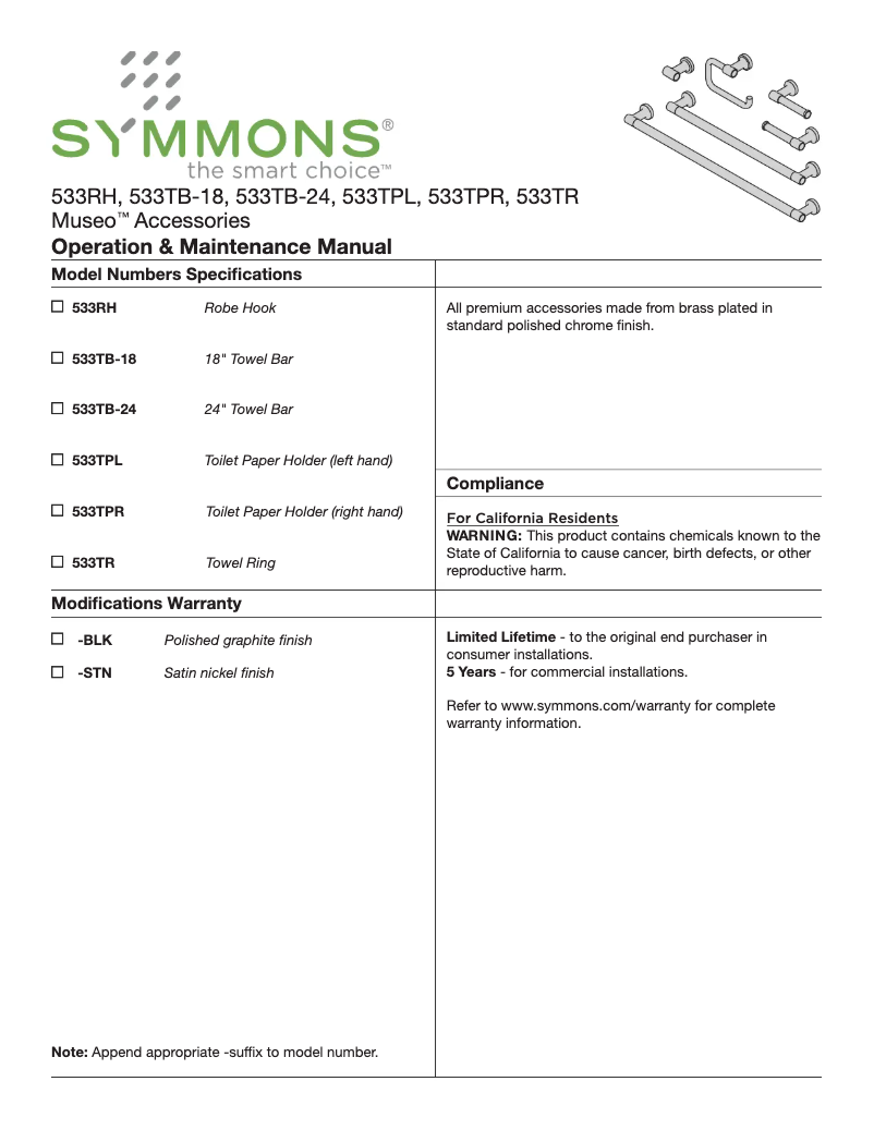 Page 1 de la notice Manuel utilisateur Symmons Museo 533TPL