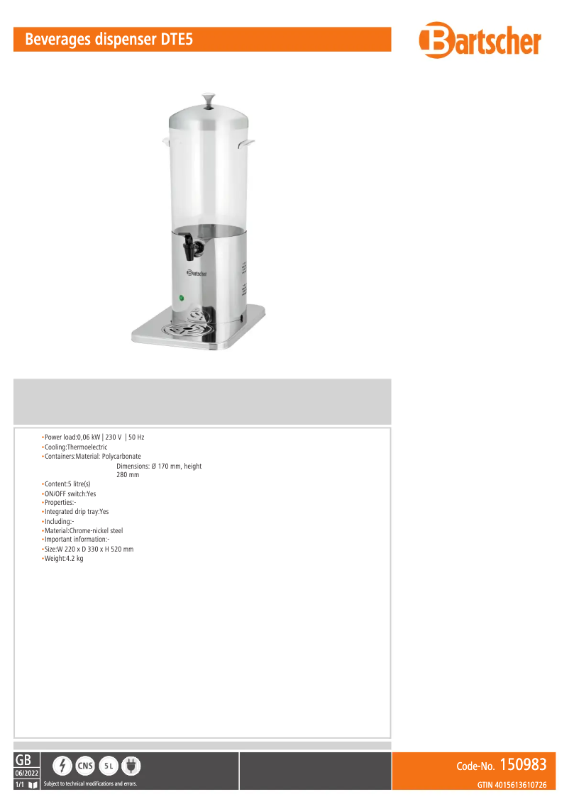 Page n°1 - Fiche technique Bartscher DTE5