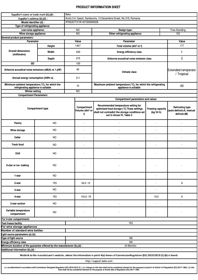 Page n°1 - Fiche technique Beko RFNE207T31W