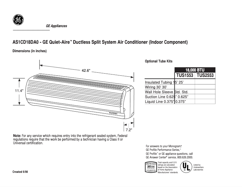Page 1 de la notice Fiche technique GE Quiet-Aire AS1CD18DA0