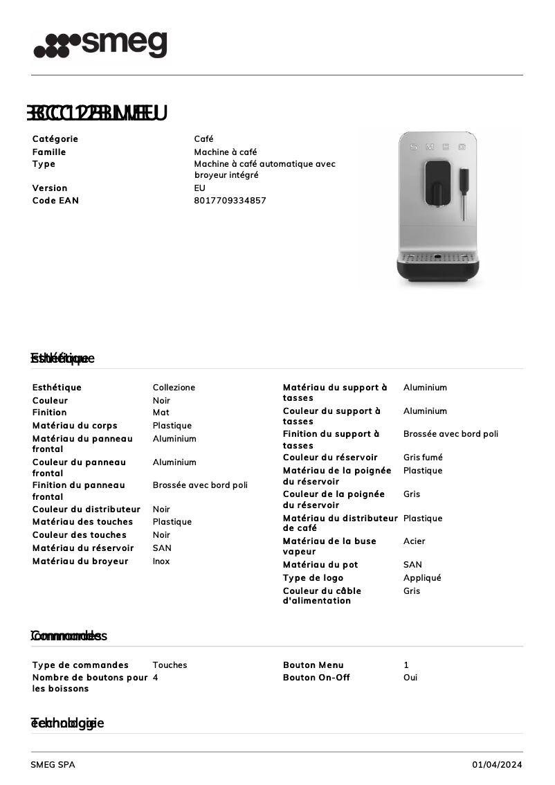Page n°1 - Fiche technique Smeg BCC12