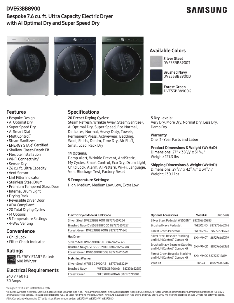 Page n°1 - Fiche technique Samsung DVE53BB8900D