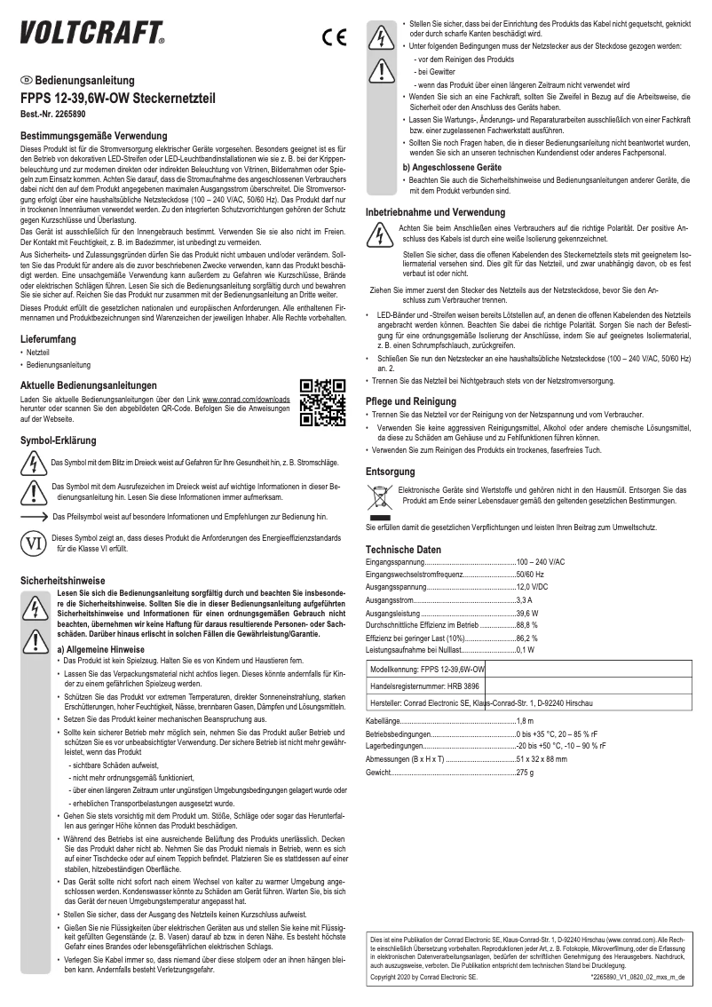 Page n°1 - Manuel utilisateur Voltcraft FPPS 12-27W-N