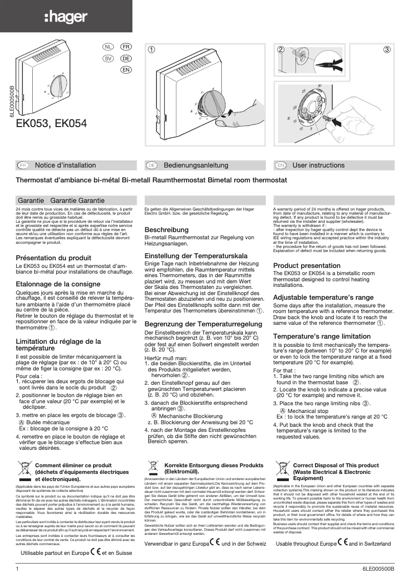 Page 1 de la notice Manuel utilisateur Hager EK054