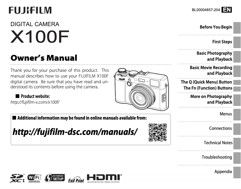 Image de la première page du manuel de l'appareil X100F