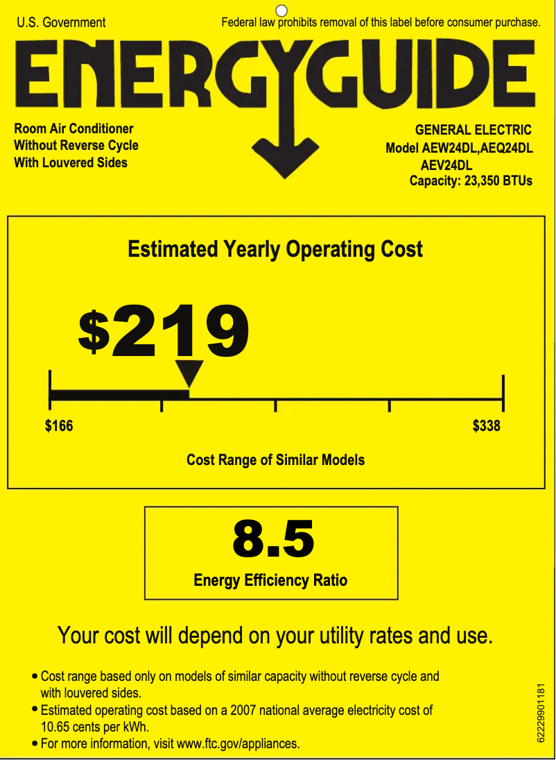 Page 1 de la notice Label énergétique GE AEW24DL