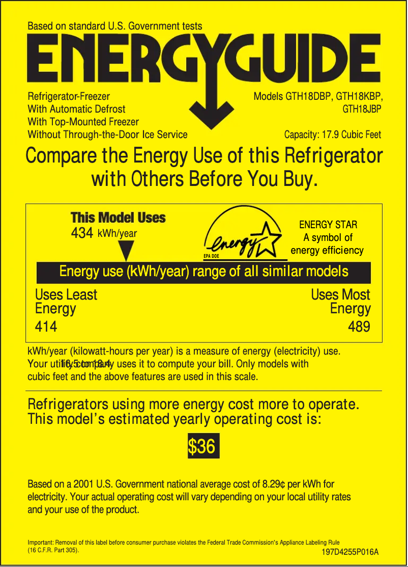 Page n°1 - Label énergétique GE GTH18JBPCC