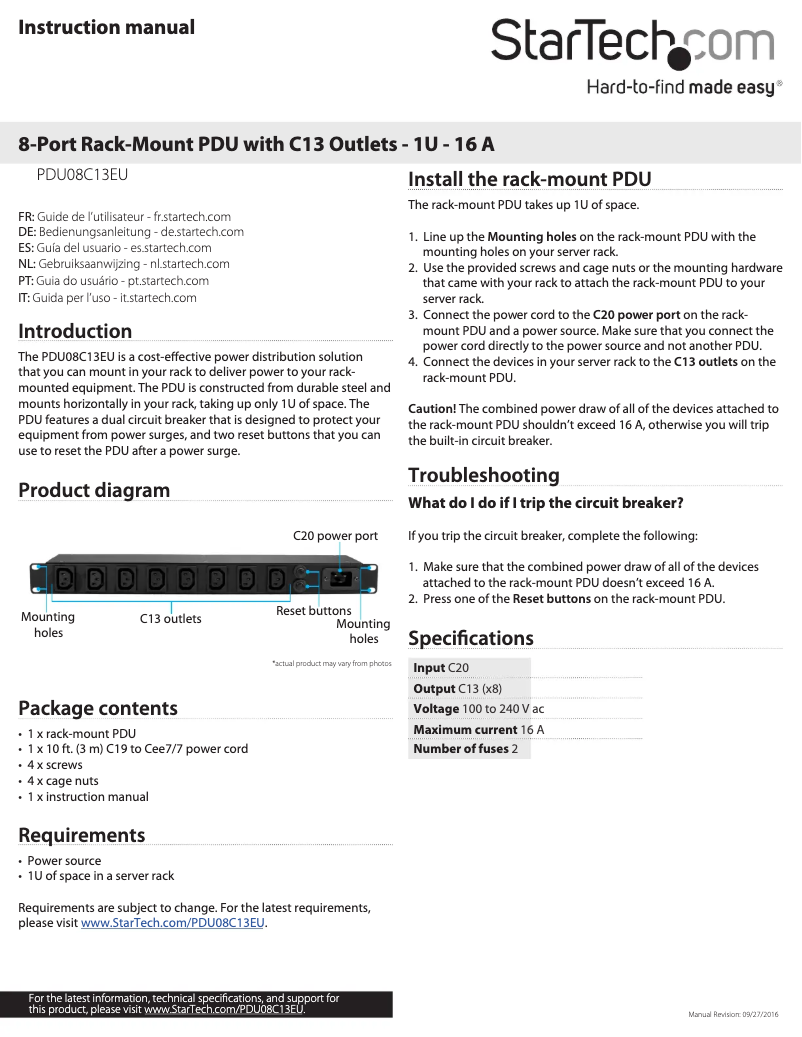 Page n°1 - Manuel utilisateur StarTech.com PDU08C13EU