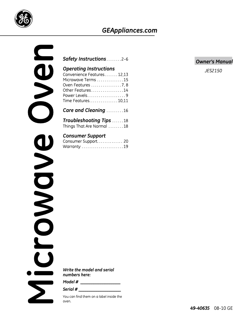 Page n°1 - Manuel utilisateur GE JES2150MRSA