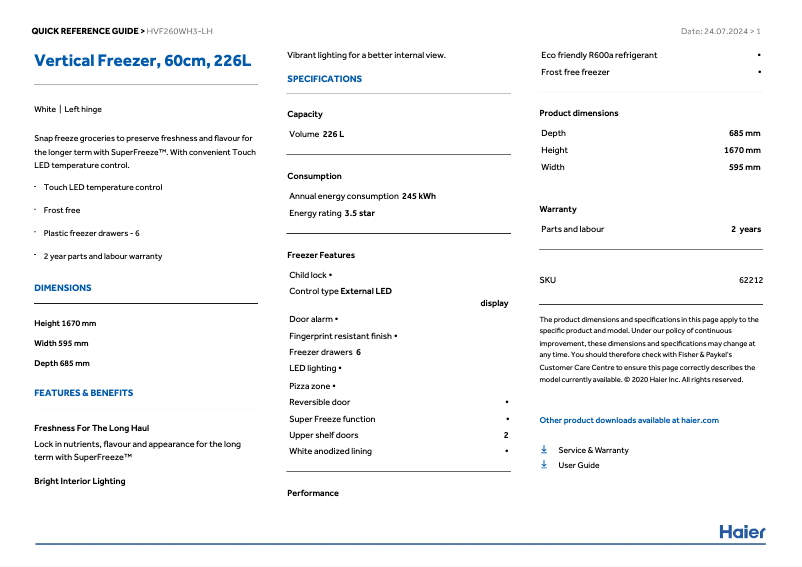 Page 1 de la notice Fiche technique Haier HVF260WH3
